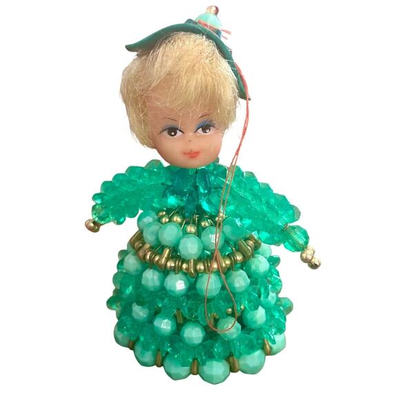 Vintage 1960's Beaded Safety Pin Doll Christmas Ornament 4" - Picture 1 of 3